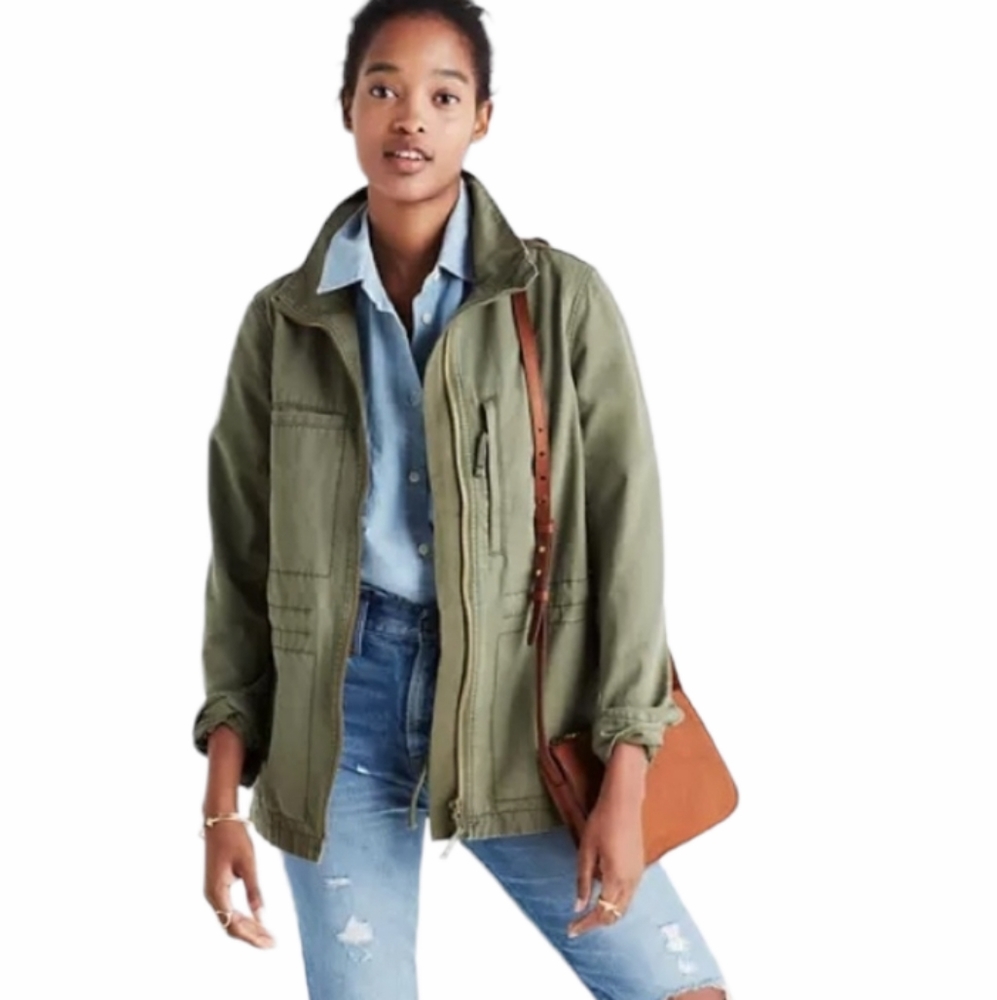 Madewell Green Cotton Fleet Military Zip Front Jacket